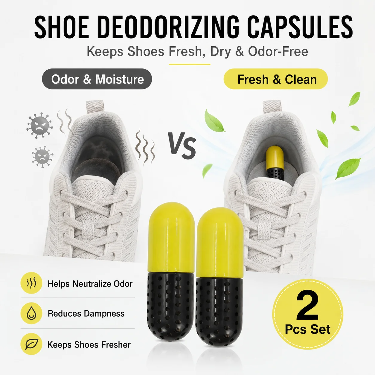 2 Pcs Shoe Deodorizing Capsule – Quick Odor Removal, Anti-Moisture, Antibacterial, Multi-Use for Shoes, Closet, Bag, Car