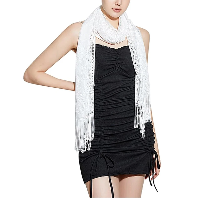 Women\'s floral lace scarf fringe shawl soft mesh fringe wrap suitable for wedding evening dress