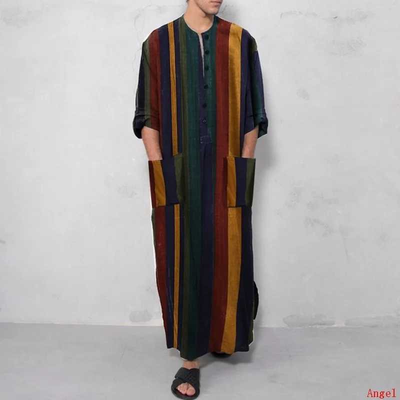 

Arab Print Men's Long Sve irt Muslim Robe Cotton Autumn Wear for Middle-Aged Men Ethnic National Sle Clothing
