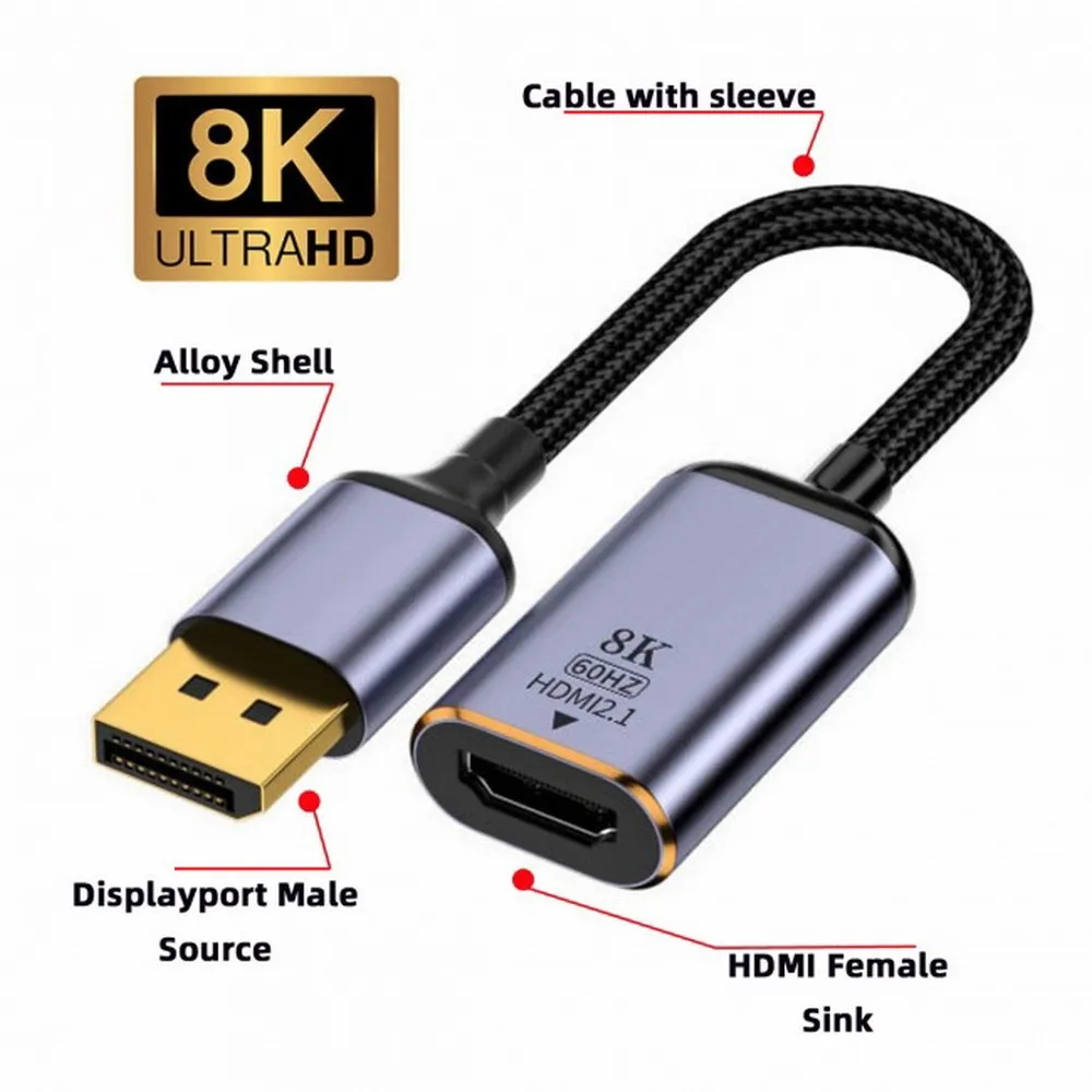 Adapter konwertera DisplayPort na HDMI DisplayPort 1.4 Źródło na HDMI 2.1 8K 60hz UHD 4K DP na HDMI męski monitor