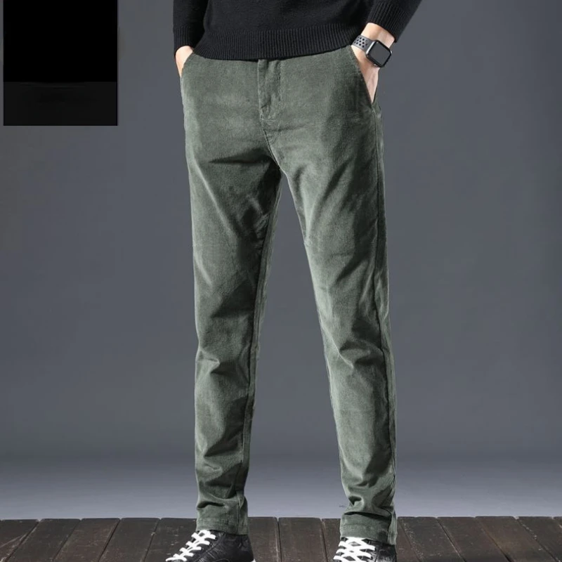 Men Black Pants Fleece Casual Trouser Man Adult Clothing Stretch Straight Loose Office Thickened Warm Solid Autumn Winter New