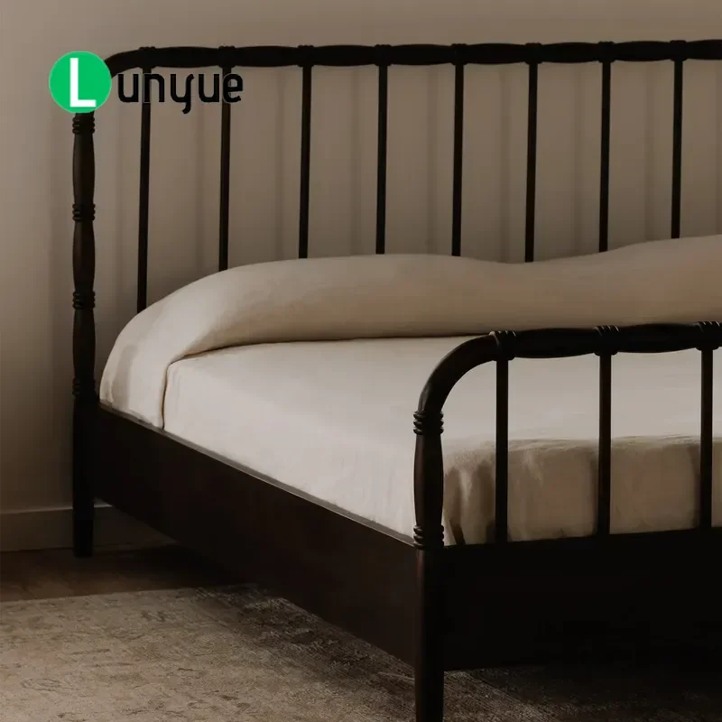 Dark Brown American Country Style Column Bed Simple Solid Wood Double Bed for Master Bedroom Sturdy Frame Classic Design