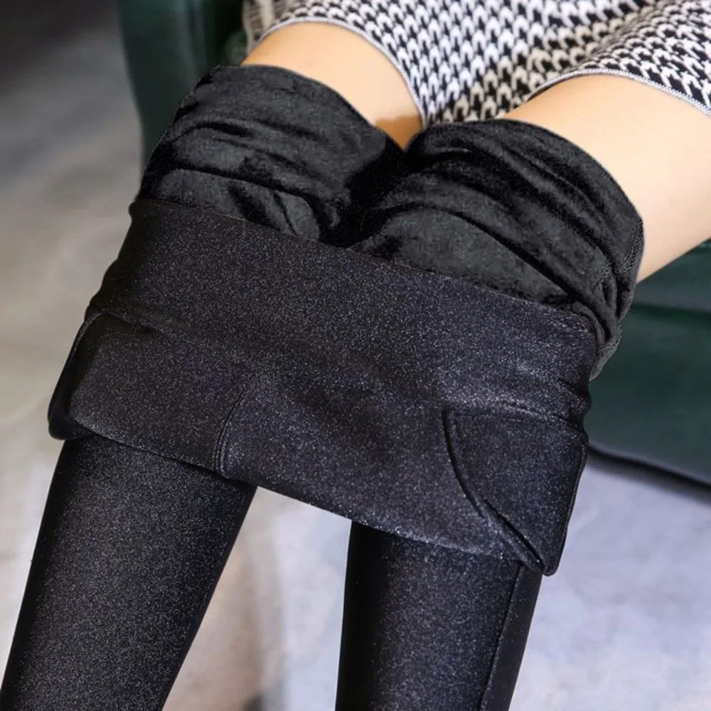 

High-waisted Plush Warm Leggings Stretchy Glossy Thicken Skinny Pants with Pocket Black Thermal Pants Winter