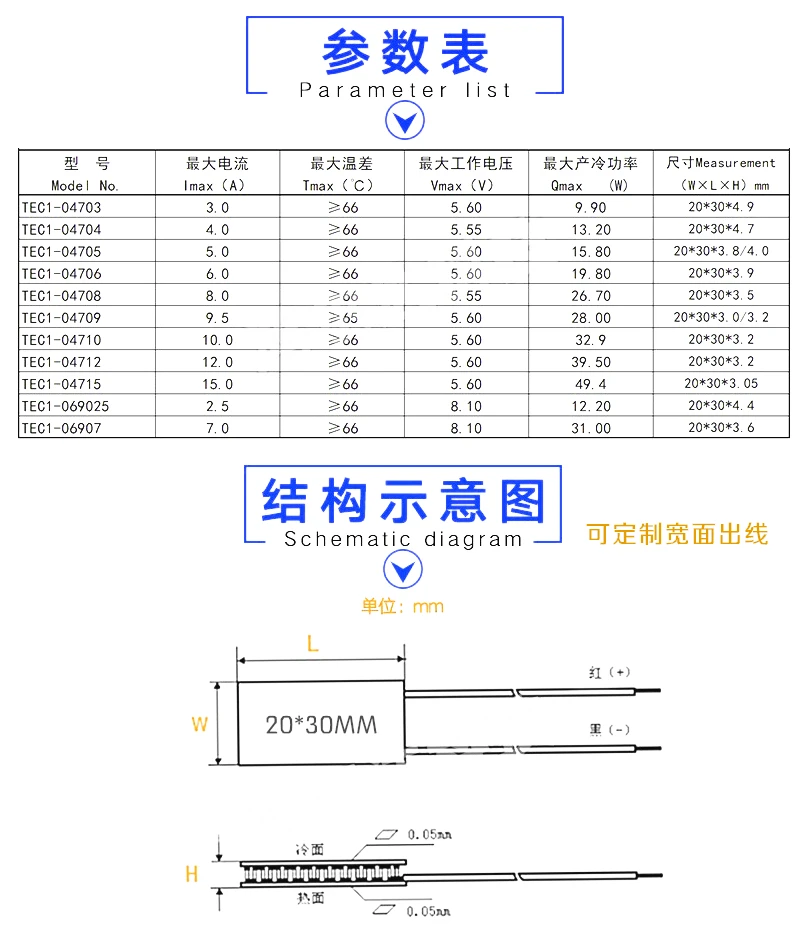 ペルチェ冷却シート、20x30mm、TEC1-06907、04703、04704、04705、04706、04708、04709、04710、04712、04715、