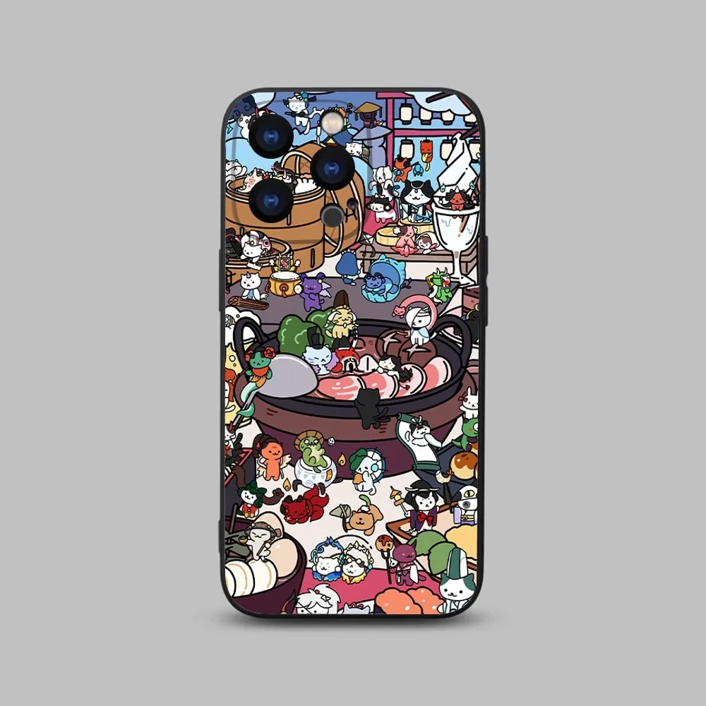 Japanese Cat Drink Pattern Skin Phone Case For iPhone 15,14,13,12,11 Plus,Pro,Max,XR,XS,X,7,8 Plus,SE,Mini Black Silicone Soft