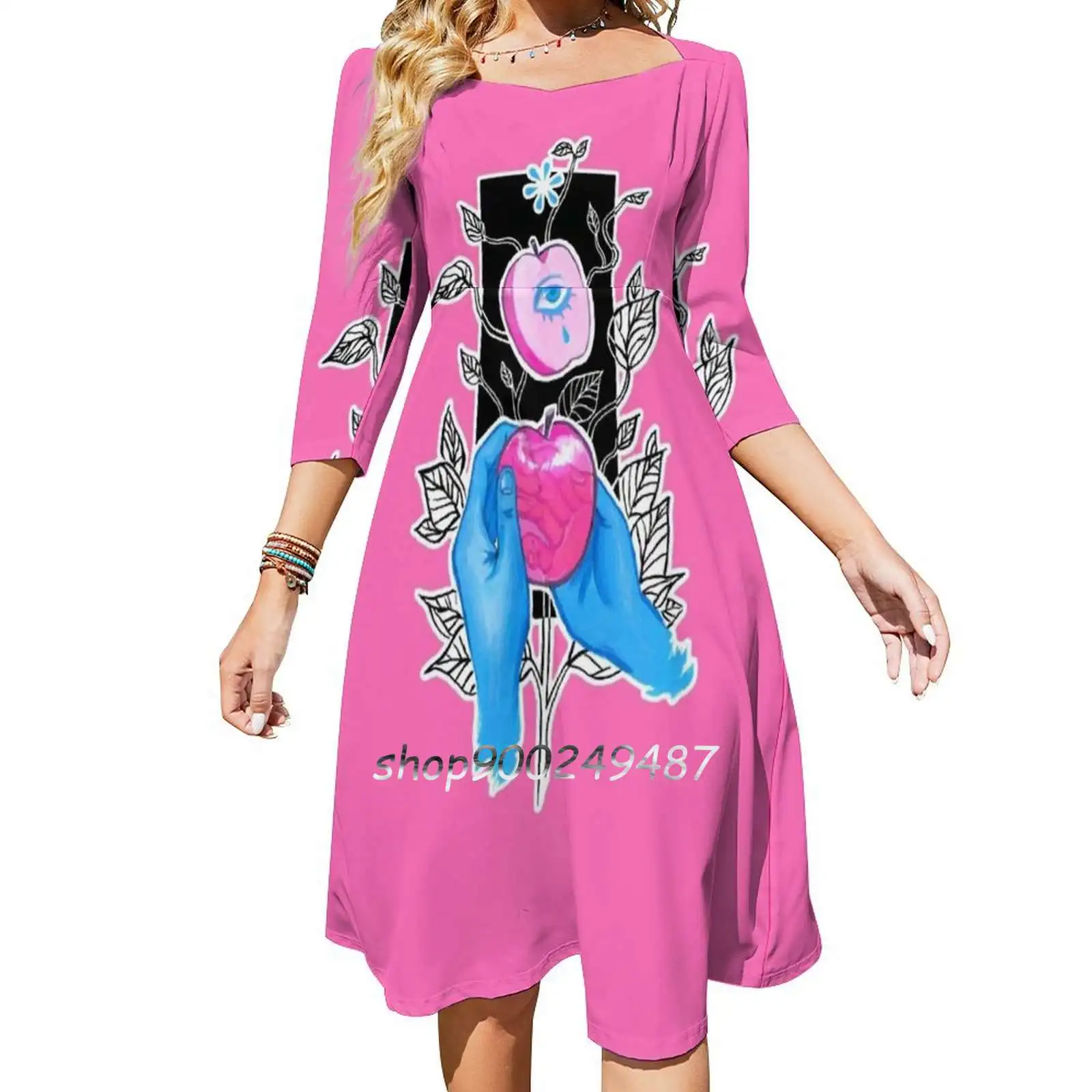 Of My Eye Flare Dress Square Neck Dress Elegant Female Fashion Printed Dress Fruit Eye Pink Blue Hands Surreal Symbolism Black