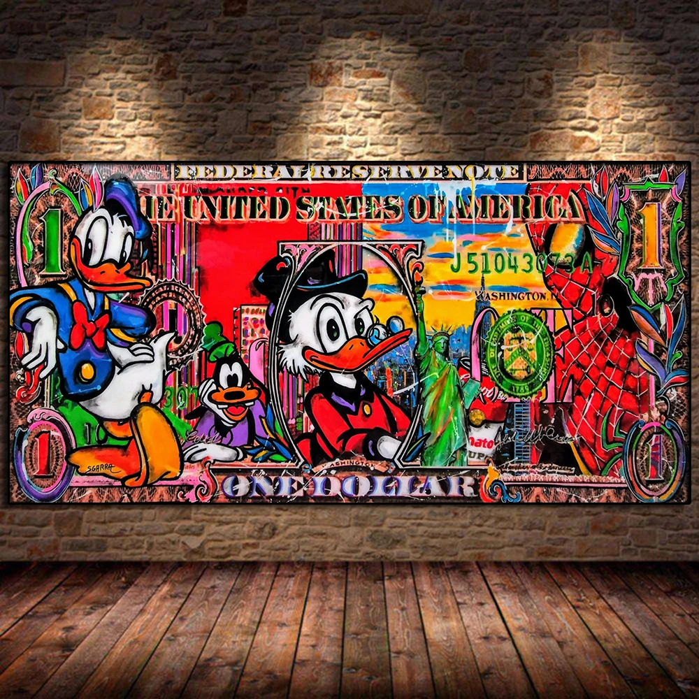 

Donald Duck Money Art Posters And Prints Banksy Graffiti Spidmerman Pictures Canvas Painting For Living Room Decoration Gifts