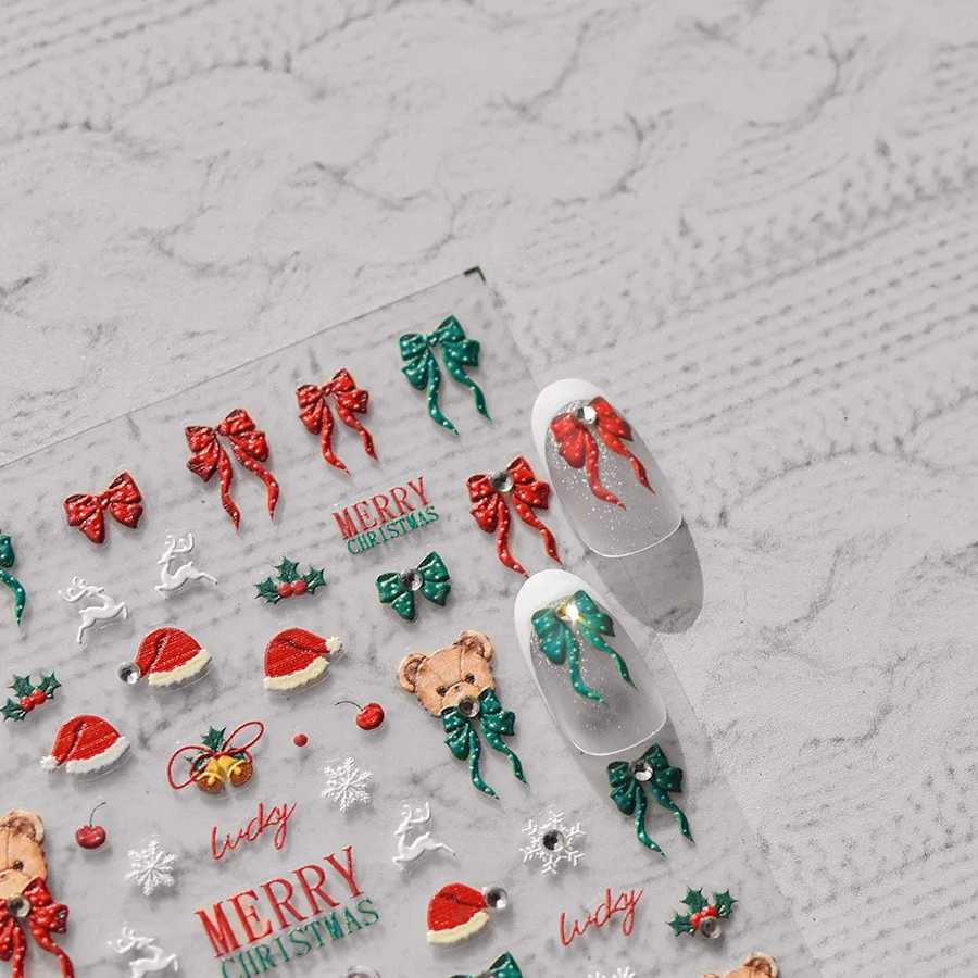 Nail Art Stickers Rhinestone Christmas Bow Japanese Cute Self Adhesive Film Decals Colorful Lightweight Manicure Decor for Girls