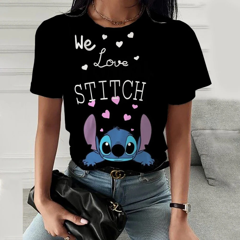 Kawaii Lilo Stitch Print Women's T-shirt Women's Summer Children's T-shirt Casual O-neck Ohana Stitch Disney T-shirt