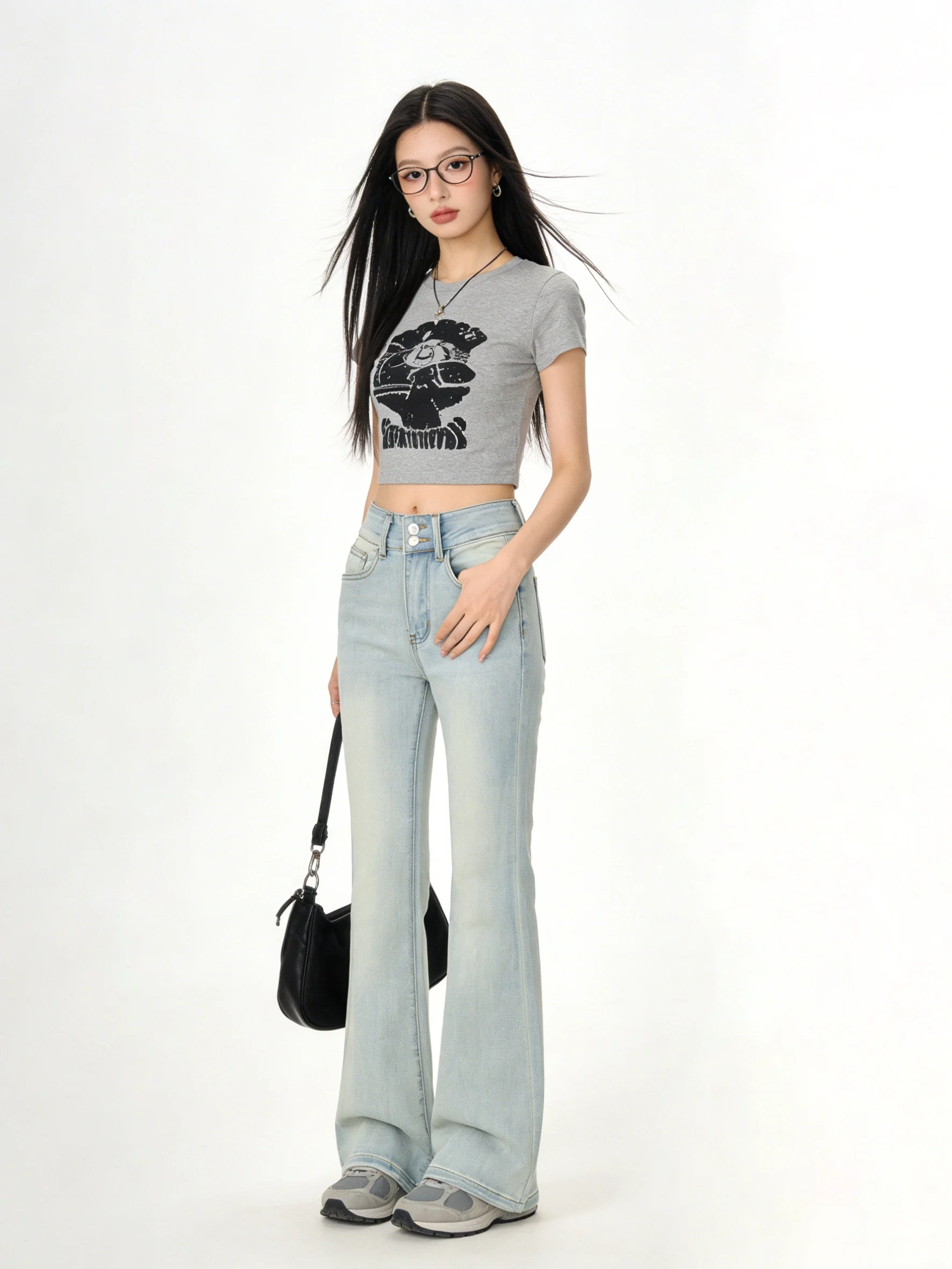 

Джинсы-клеш с высокой талией для женщин, утягивающие, светло-голубые, вареные, в стиле ретро, драпированные, весенние, в корейском стиле, джинсовые скинни