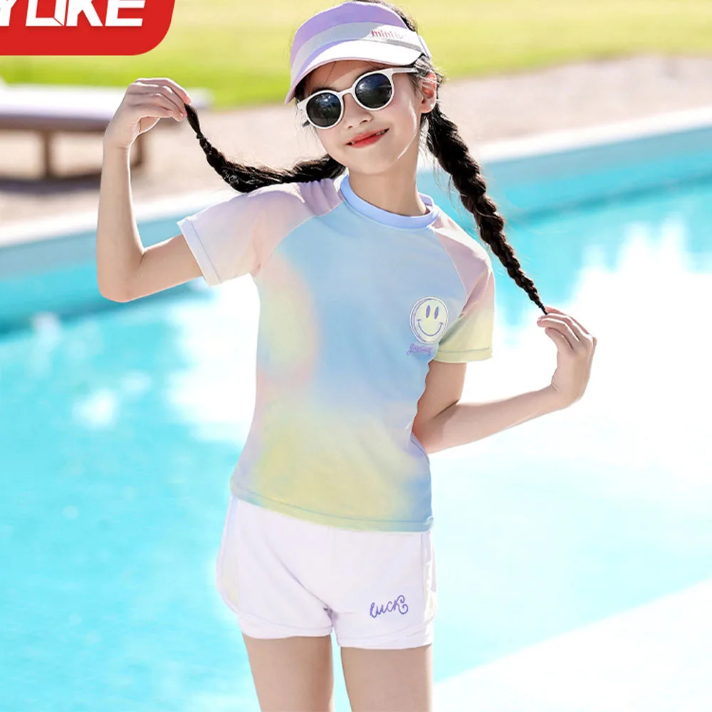 Cute Girls and Children's Two-Piece Swimsuit Fashion Print Gradient Shorts Short Sleeved Quick Drying Summer Pool Beach Swimsuit