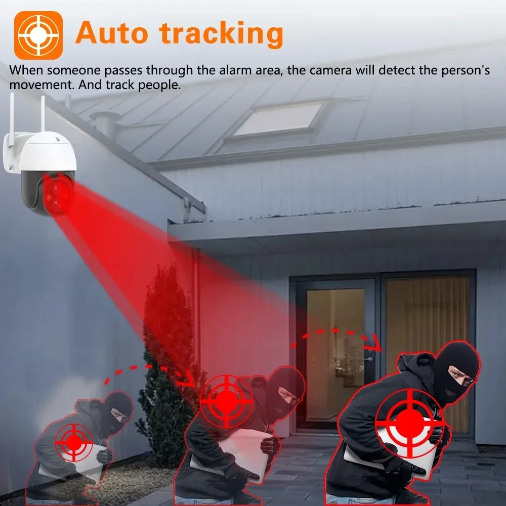 Câmera de Vigilância de Segurança Externa, Lente Dupla, Visão Noturna Colorida, Auto Rastreamento, CCTV, WiFi, PTZ, Proteção, 8MP, 4K