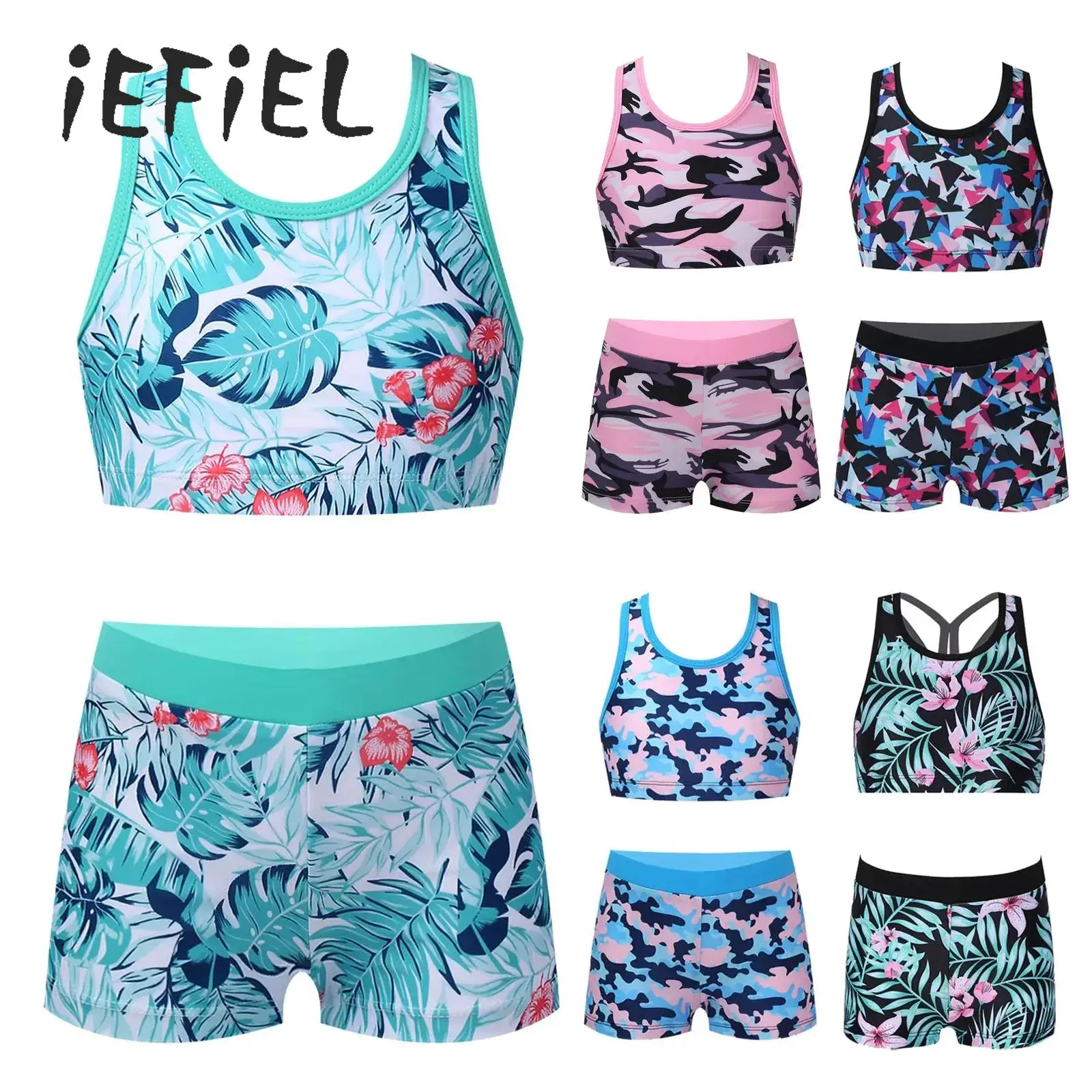 

Kids Girl 2 PCS Printed Swimsuit Rash Guards Athletic Tankini Set Sleeveless Vest Crop Top with Boy Shorts Bathing Suit Swimwear