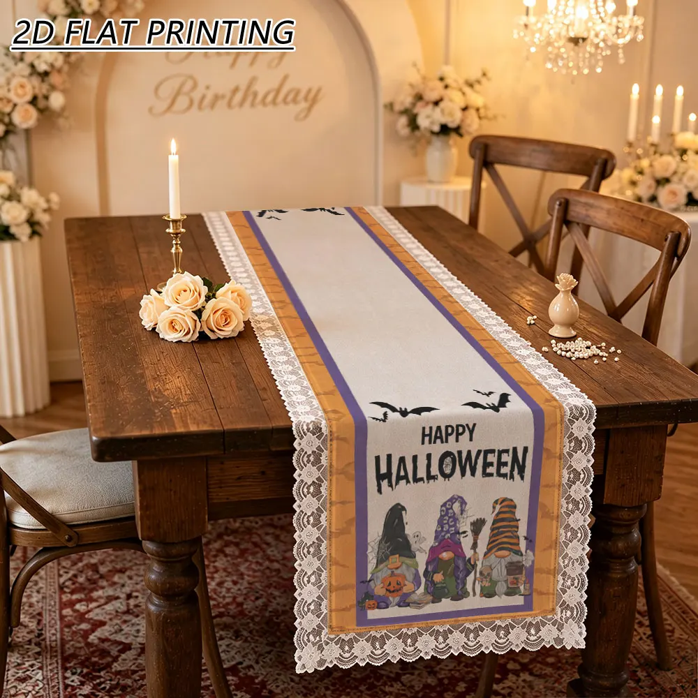 1pc Halloween Gnome Bat Pattern Tulle Lace Table Runner For Holiday Dining Room Decoration