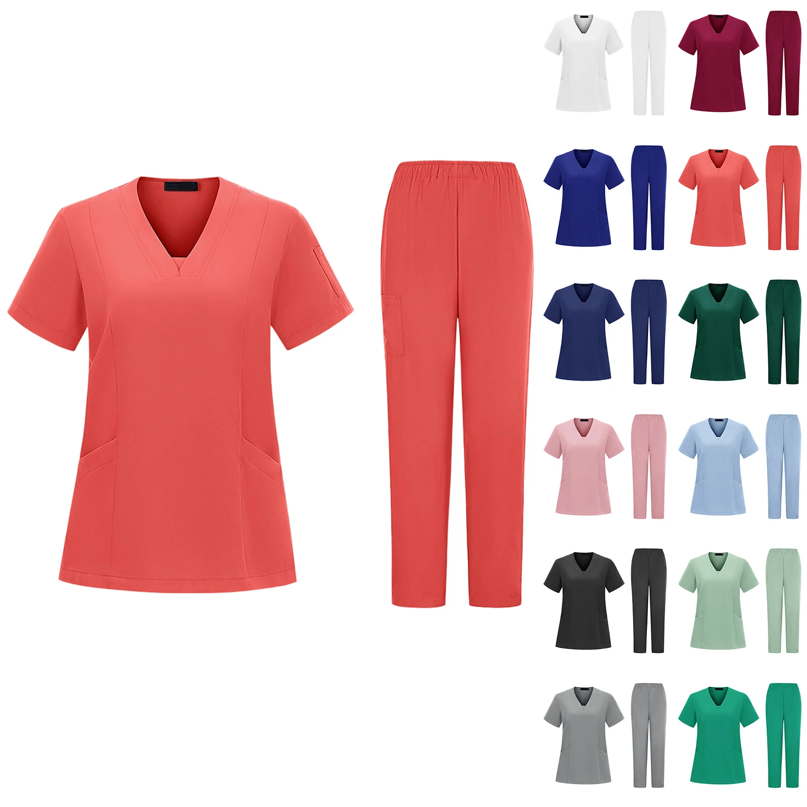 Conjunto de enfermeira feminina, decote em v, manga curta, multicolorido, bolso, uniforme médico, moda aconchegante, roupa de trabalho profissional