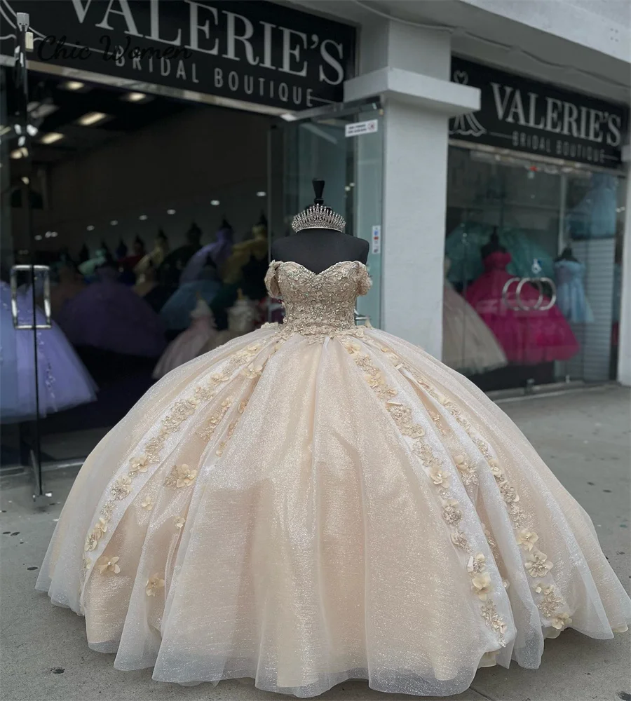 Champagne Quinceanera Dresses 3D Flowers Fluffy Ball Gown Prom Vestidos De Xv Anos Sixteen Birthday Party Halloween Customized