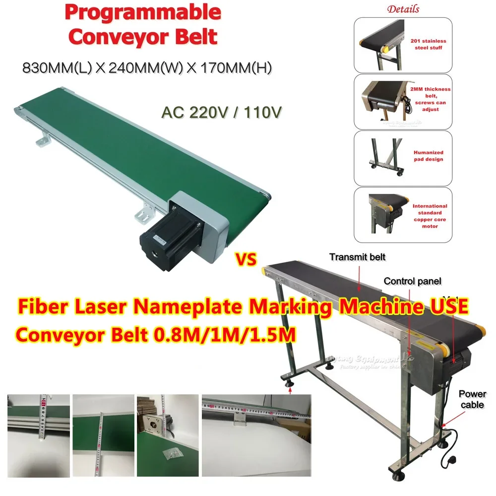 Double Buffles Conveyor Belt Machine 120W Desktop Programmable Stainless Steel Conveyor 1500MM 1000MM 800MM PVC Fiber Laser Use