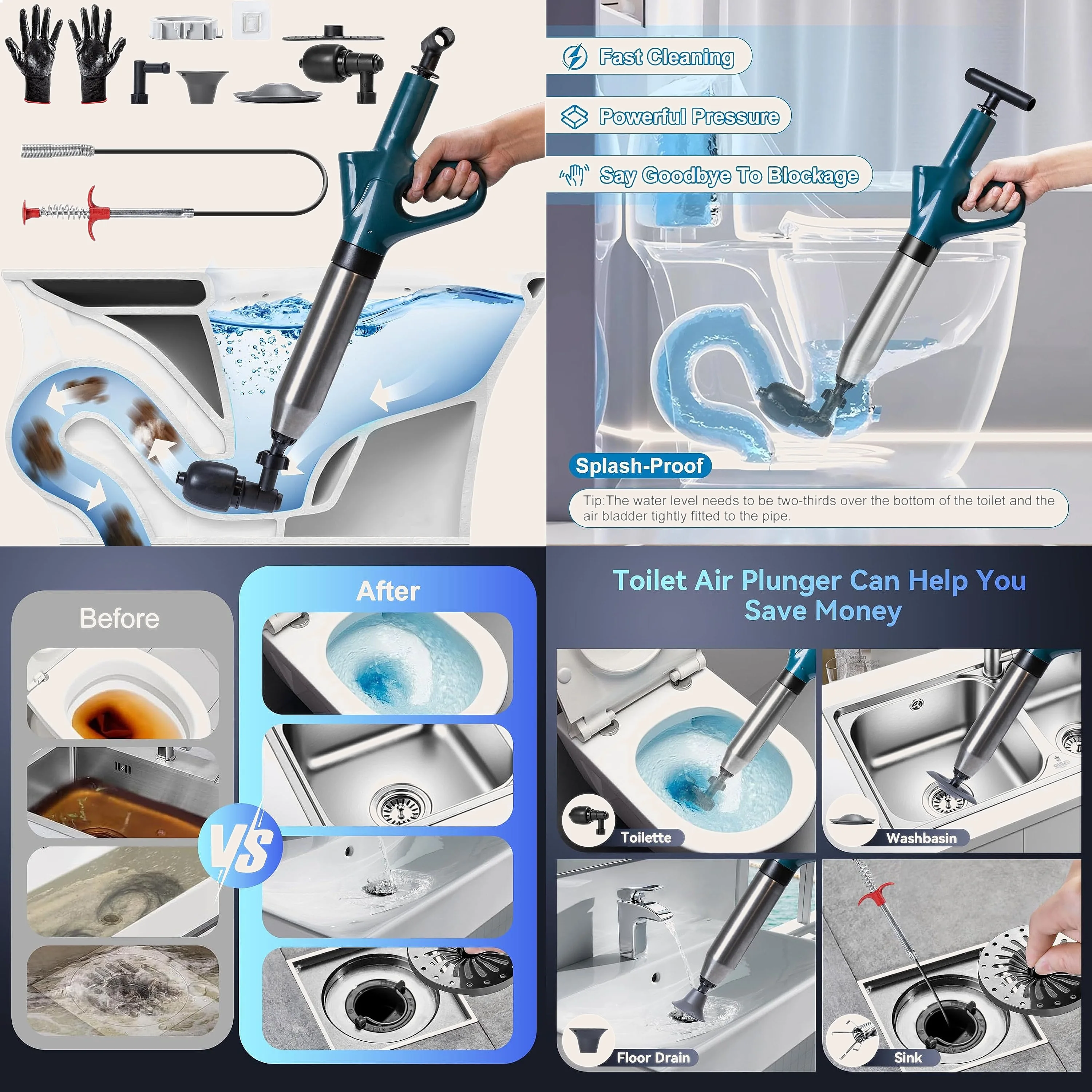 High Pressure Drain Pump Plunger 4 in 1 for Toilet Sink Kitchen Clogged Pipe