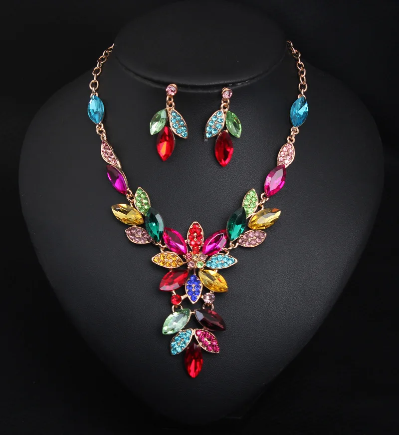 

DIY accessories Cross-border European and American exaggerated jewelry, crystal gemstone flower necklace earrings set collarbone