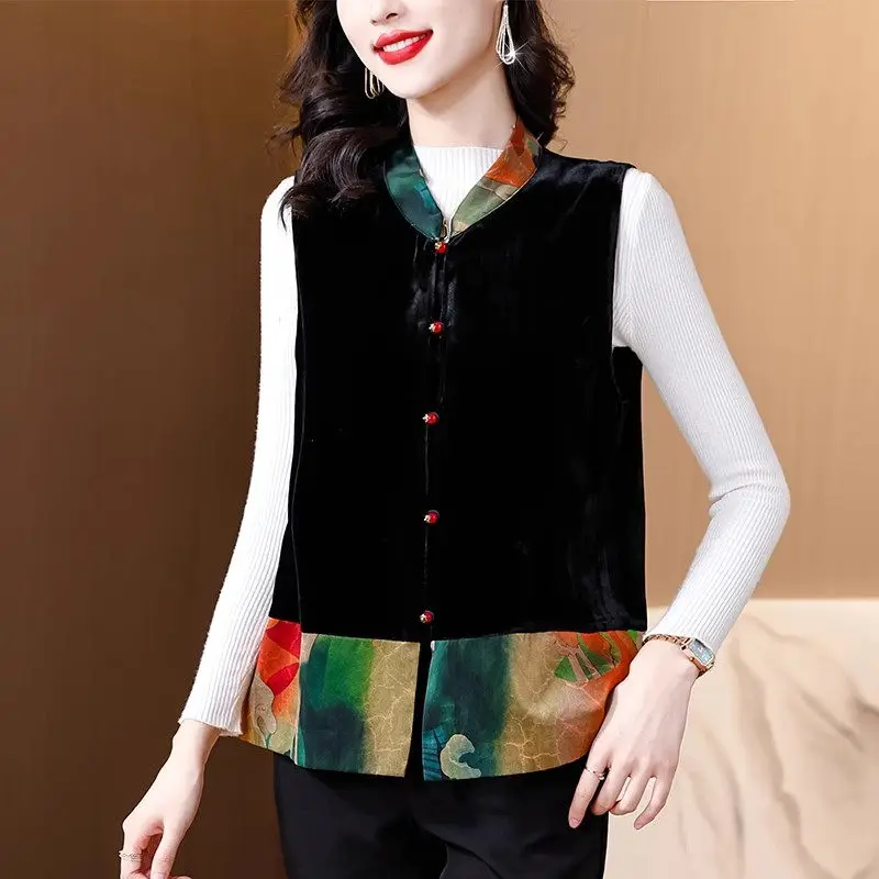 

2024 Autumn And Winter Design New Chinese Style Retro Vest Quilted Jacket Women's Spliced Short Sleeveless Waistcoat Top A159