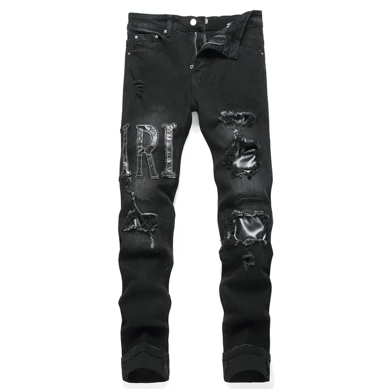 American Street Tight Stretch Black Cotton Elastic Black Leather Hole Embroidery Fashion Men's Jeans