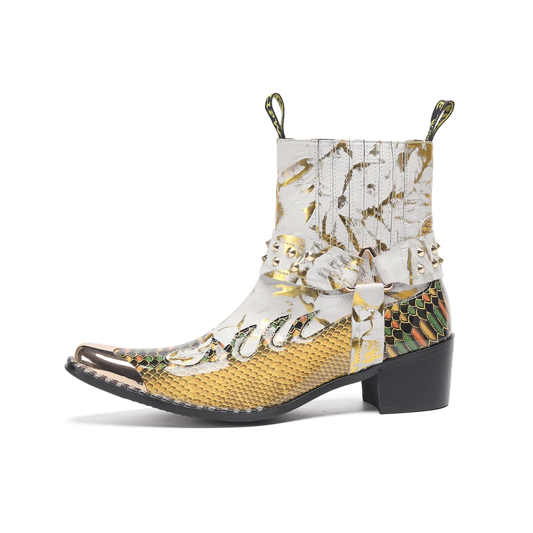 Herren-Designer-Stiefeletten aus echtem Leder mit Metallspitze, Nieten-Dekor und Print, Übergrößen, Cowboy-Motorrad-Schuhe für Business – Detail 13