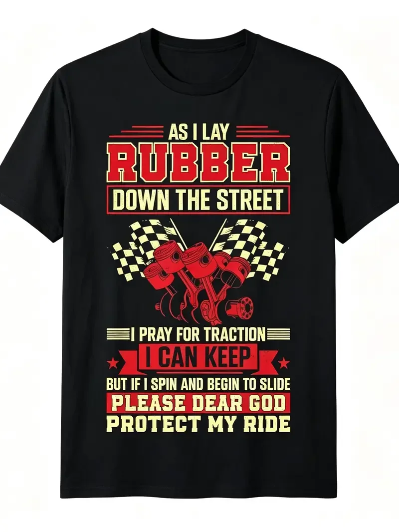 Men's Motorsport Racing Graphic T-Shirt, Drag Racing Quote Slogan Checkered Flag Engine Piston Print Round Neck Short Sleeve Tee, Black Regular Fit Soft Car Racer Streetwear Top