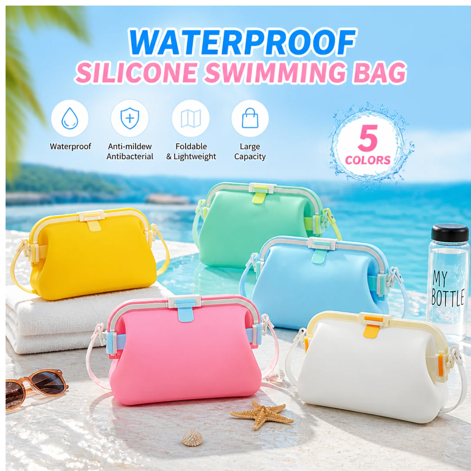 Foldable Swim Storage Bag Waterproof Silicone Bag Resistant Pool Tote for Swimmers, Outdoor, Beach