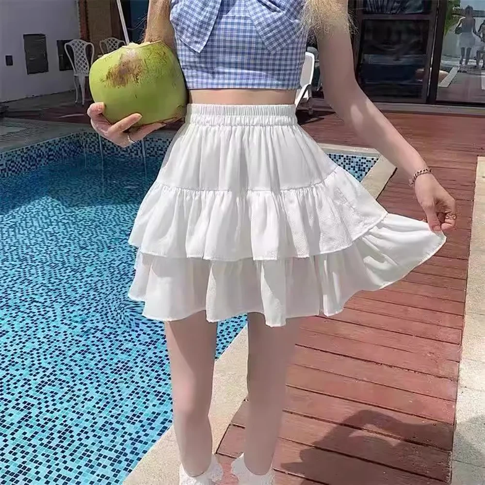 

Tiered Skirt White Women Ruffles Sweet Hottie Preppy Style Elastic Waist Slim Thin Simple Casual Summer Fluffy Skirt Wholesale
