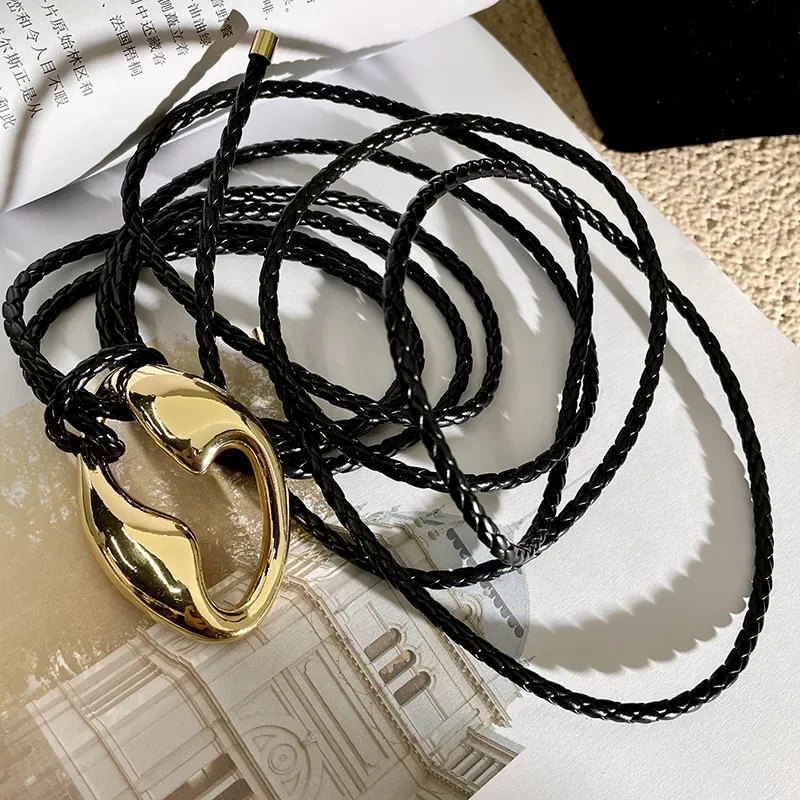 Gold Hollow Metal Braided Knotted Leather Rope Waist Chain Belt