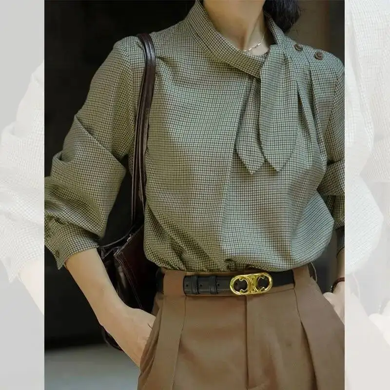 

Женская S весна и осень, новая мода, элегантный шарф с воротником, винтажная клетчатая рубашка на пуговицах, повседневная свободная рубашка с длинным рукавом, топы
