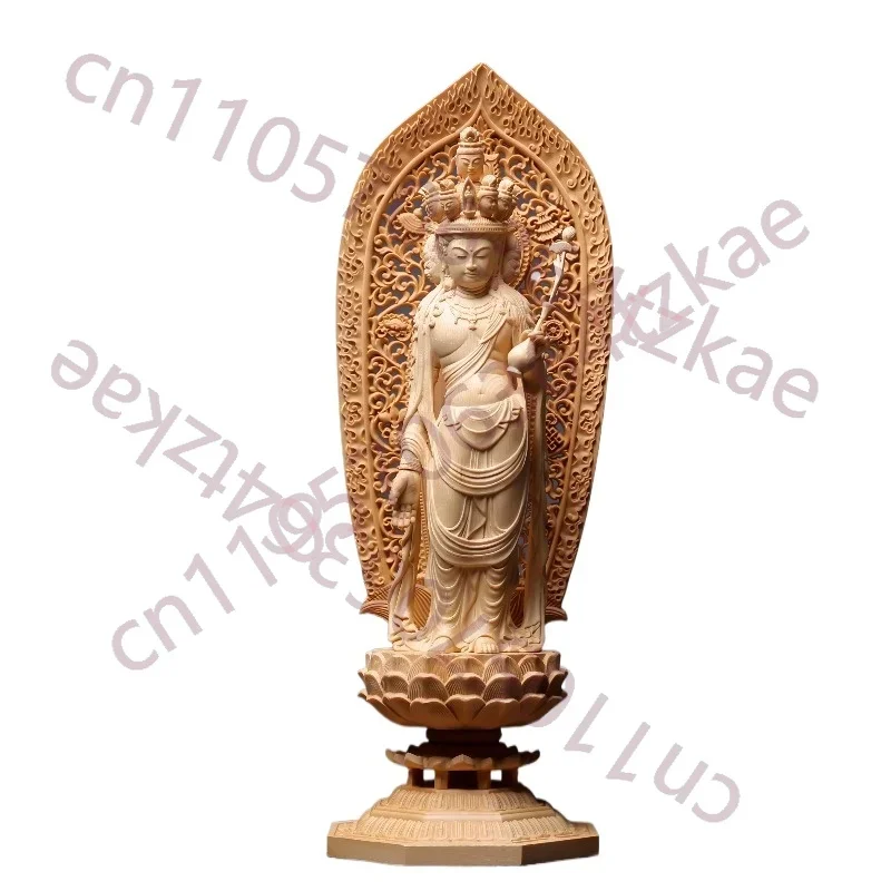 Hand-Carved Hinoki Wood Guan Yin Statue - 16.9