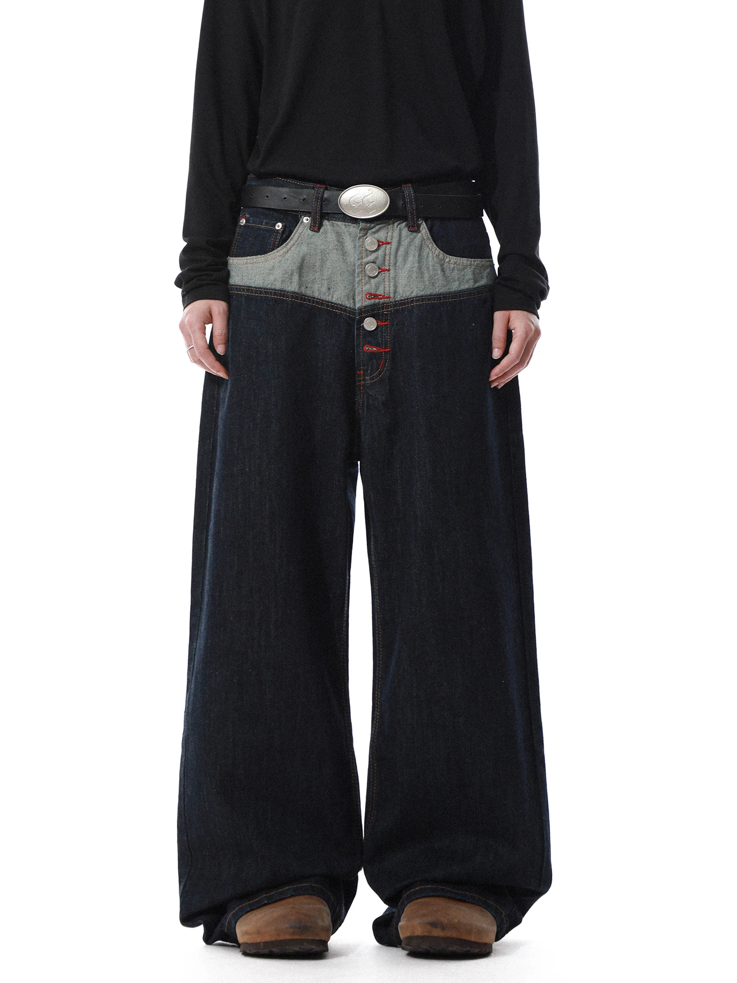 American Retro Design Sense Plaid Button Denim Jeans Men's Women's Straight Leg Wide Leg Match All New Long Pants