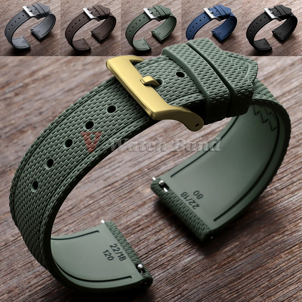 New 20mm 21mm 22mm FKM Rubber Quick Release Watch Strap Flat Fluorine Rubber Strap Band Diving Universal Watchband Bracelets
