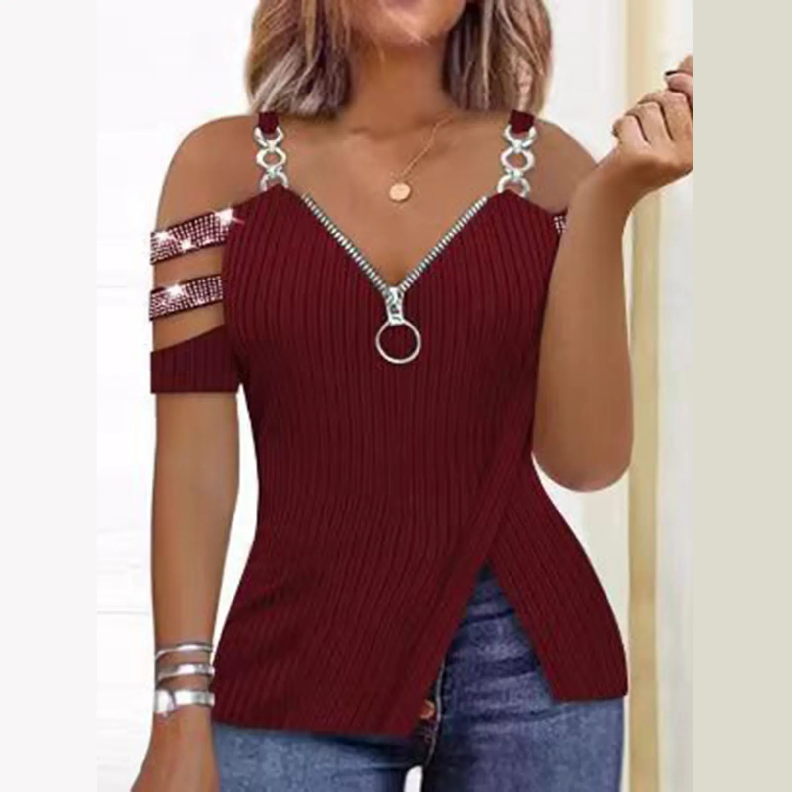 Women Summer Cold Shoulder Tops Women Solid Color Plus Size T-shirt Suitable for Friends Gathering Wear