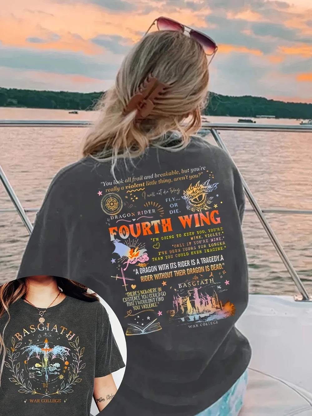 Retro Dragon Knight Fourth Wing Double-sided Printed T-shirt, Casual Short-sleeved, All-season Pure Cotton Women's Clothing