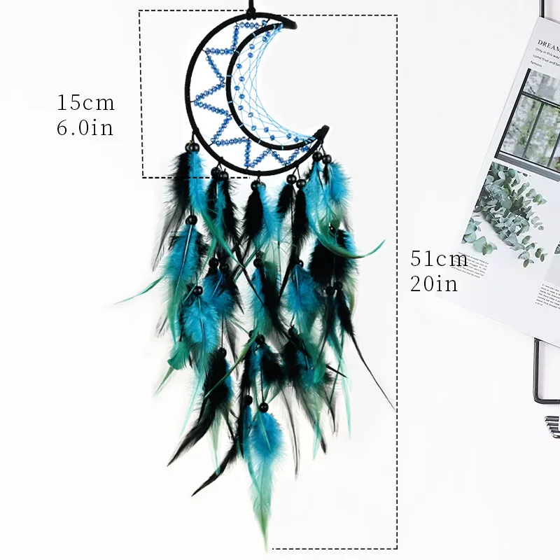 Indian Moon Dreamcatcher Wind Chimes Hand-woven Feather Room Wall Hanging Ornament Creative Car Pendant Birthday Gift Home Decor