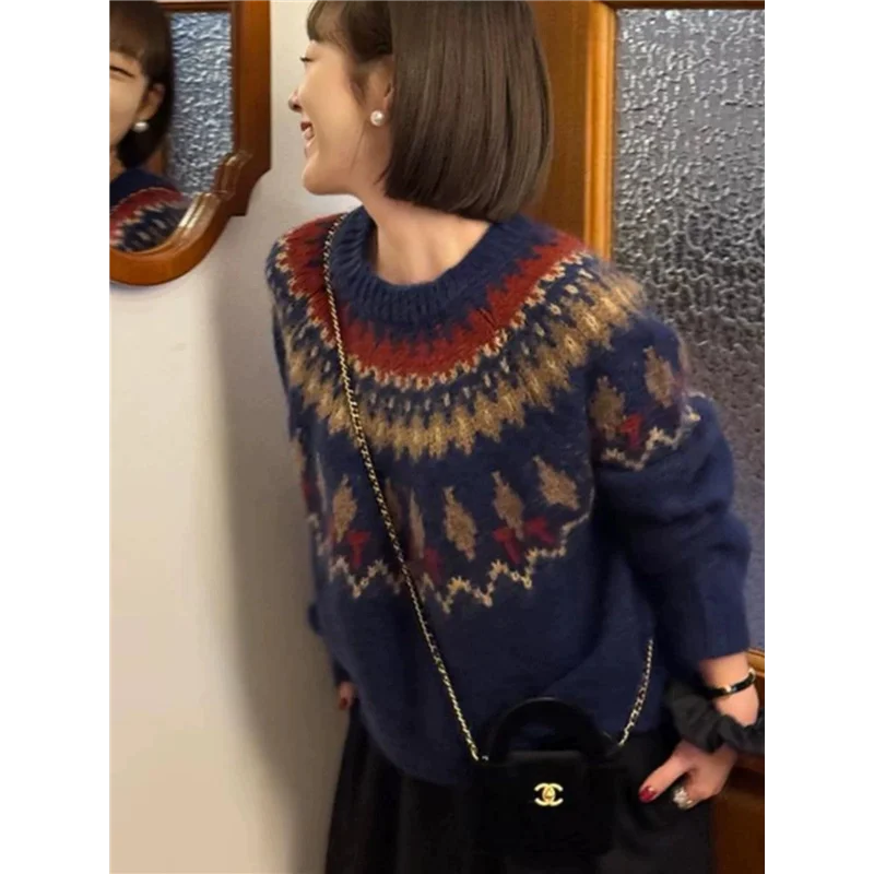 

Retro Fair Isle Knitted Mohair Embroidered Sweater Women's Autumn Winter Christmas Loose Lazy Top Korean Style Outfit