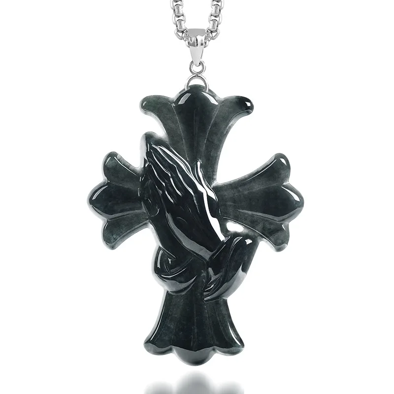Natural Burmese Jade Cross Praying Hands 3D Pendant with S925 Silver Setting for Men and Women
