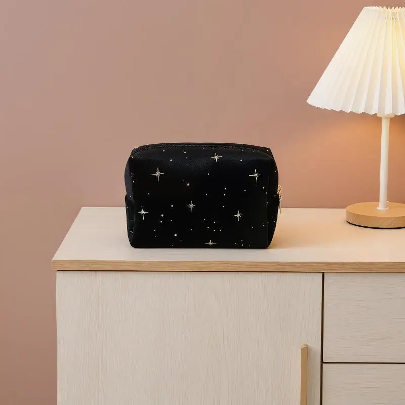 Cosmetic Pouch Spacious Velvet Cosmetic Bag Travel Toiletry Organizer With Star Pattern Portable Makeup Case For Lipstick