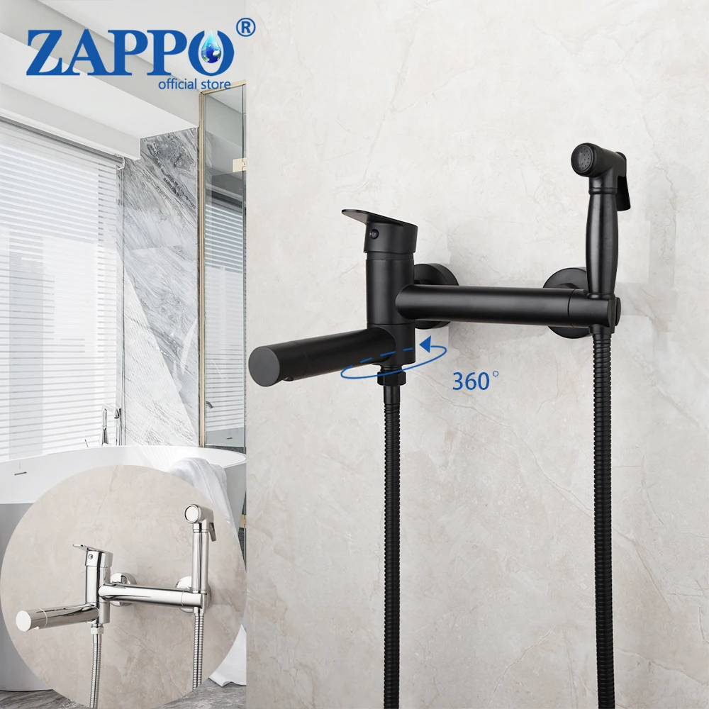 

ZAPPO Black Bathtub Faucet Wall Mount 360° Swivel Spout Hot Cold Water Mixer Brass Bidet Handshower Faucets Toilet Bidet Tap