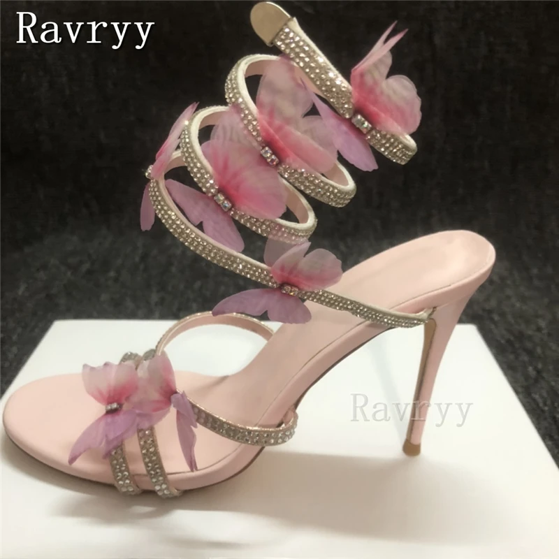 

Pink Butterfly Ankle Strap Banquet Stiletto Shoes Women Summer Bling Crystal Thin High Heel Sandals Luxury Bridal Wedding Shoes