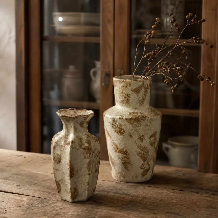 HYS Wabi-Sabi Style Handmade Mottled Pottery Vase Vintage Distressed Ceramic Homestay Dried Flower Arrangement Three-Piece Set