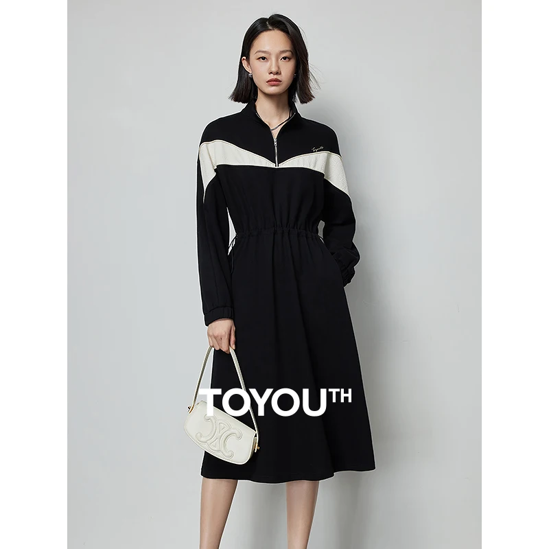 

TOYOUTH Women Casual Dress 2024 Spring New Contrast Color Patchwork Zipper Lapel Collar Elastic Waist Midi Length Dress