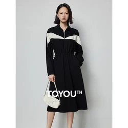 TOYOUTH Women Casual Dress 2024 Spring New Contrast Color Patchwork Zipper Lapel Collar Elastic Waist Midi Length Dress