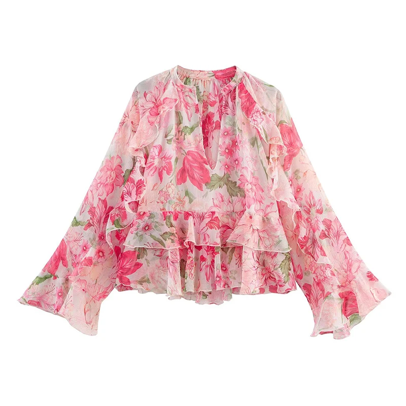 

Spring Autumn V-neck Floral Printed Long Sleeve Chiffon Blouses Women Ruffles Versatile Loose Tops Female Casual Style Wear