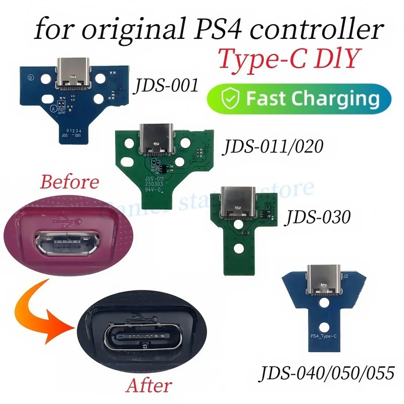 لوحة شحن سريعة من النوع C لوحدة تحكم PS4 منفذ شاحن ذاتي الصنع مع بديل مرن لـ PS4 JDS-010 011 020 030 040 050 055