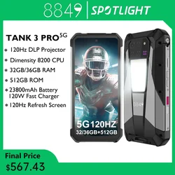 8849 Tank 3 Pro de Unihertz, proyector de 100 lúmenes, 120Hz, 32GB/36GB de RAM,512GB de ROM,23800mAh, Cargador rápido de 120W, 5G, cámara de 200MP