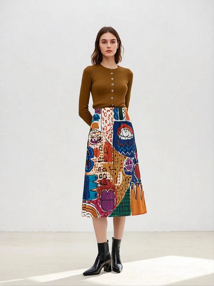 

Miyake Pleated 2025 Spring and Summer New Printed Skirt for Women, Niche Fashion Temperament, Loose Pleated Pleated Skirt