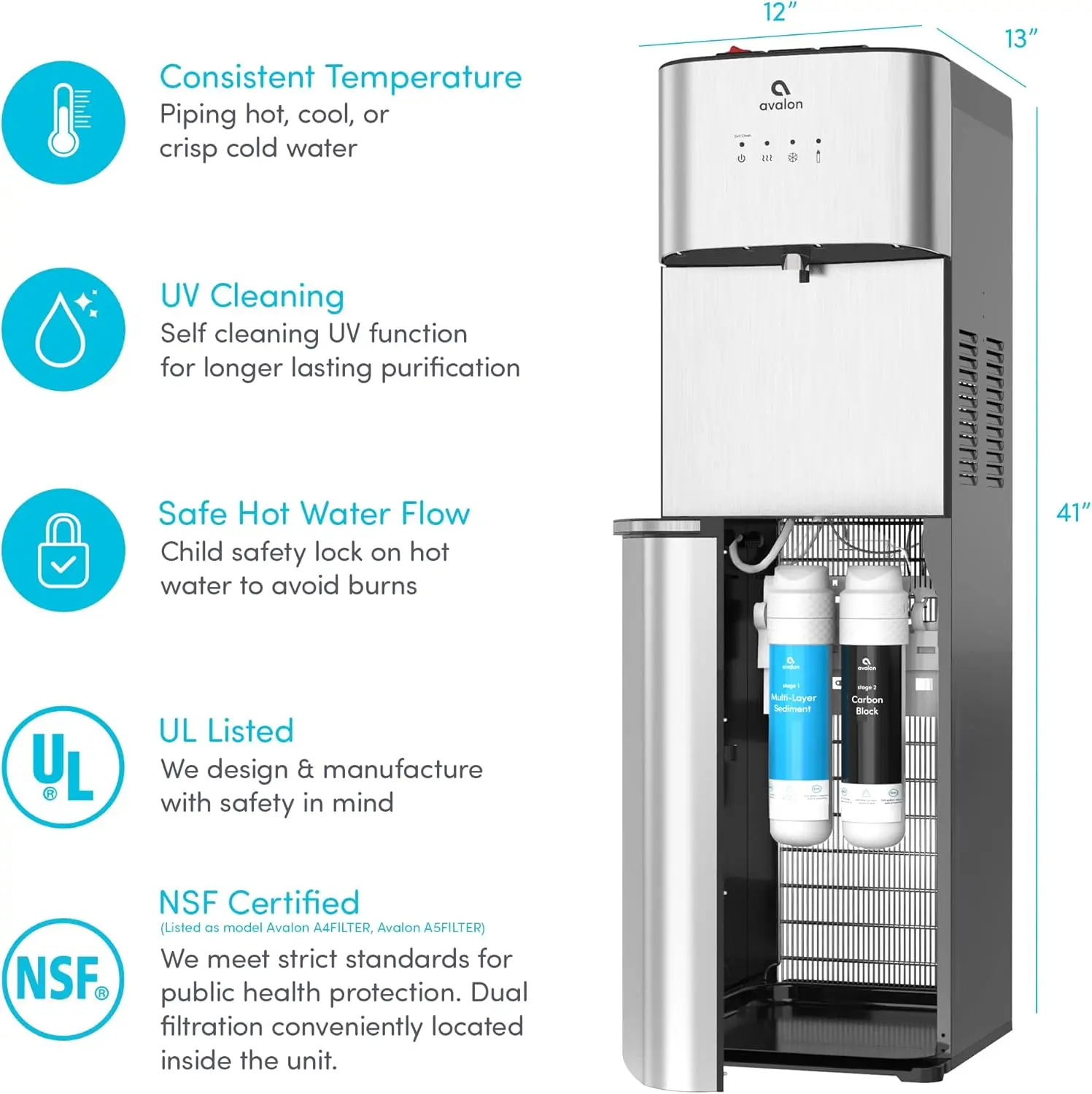 Waterkoeler waterdispenser - 3 temperatuurinstellingen - warm, koud en kamerwater, duurzame roestvrijstalen kast, NSF-gecertificeerd F